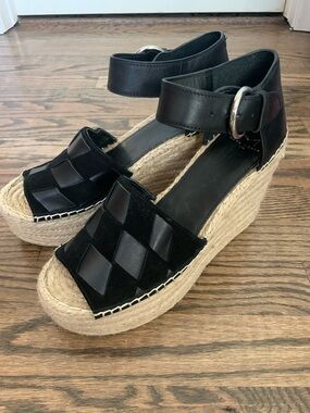 Marc Fisher Mladalla Woven Black Espadrille Wedge Sandals with Ankle Strap